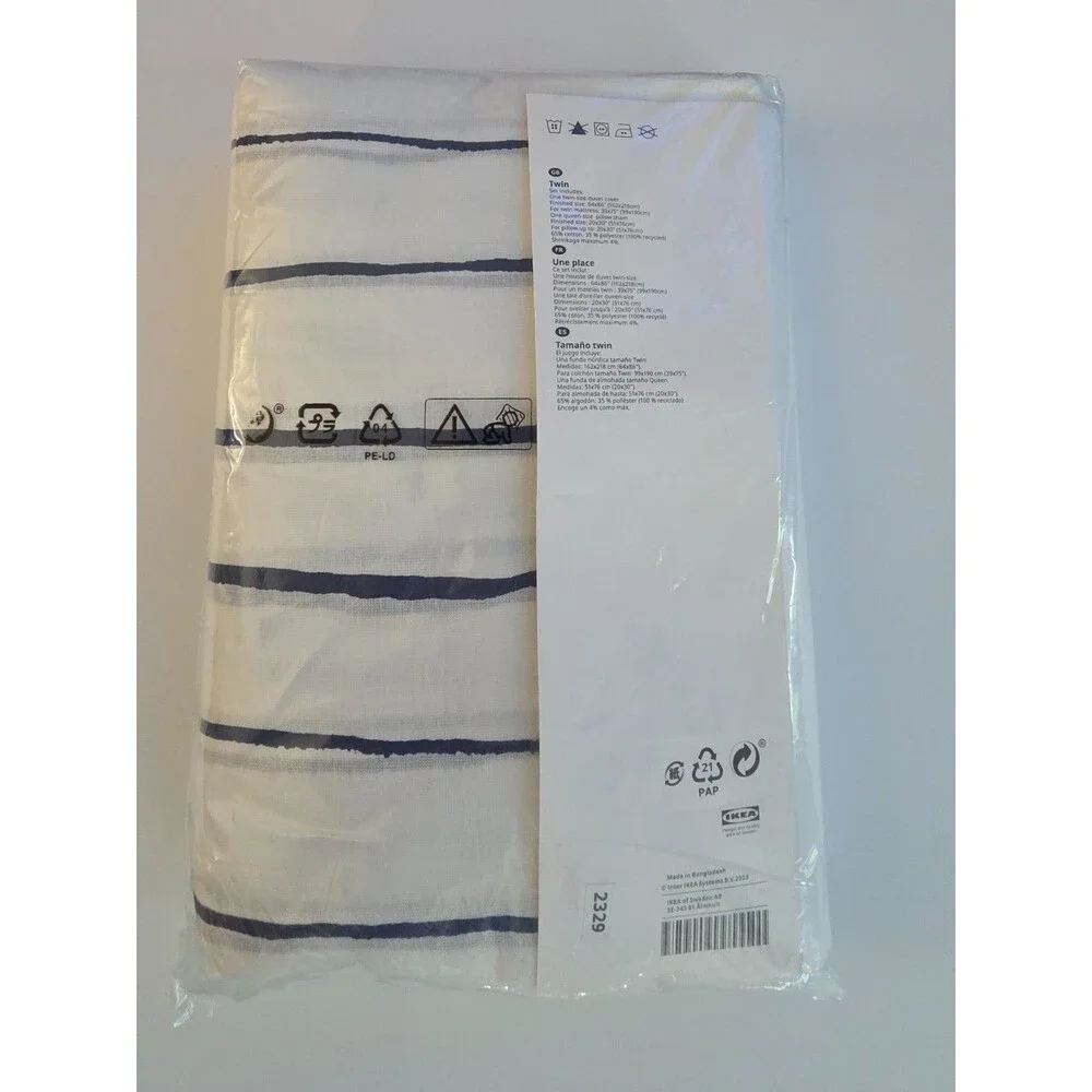 IKEA PAGODTRAD Twin Duvet Cover and Pillowcase White Dark Blue Navy Stripe Set